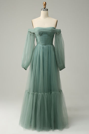 Off The Shoulder Grijs Groen A-Line Tule Galajurk Met Lange Mouwen